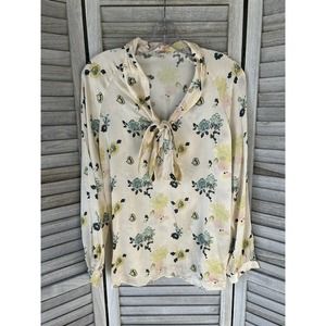 Tucker Blouse Women’s Medium Floral Cream Print Tie Neck 100% Silk Classic